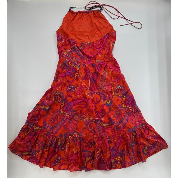 Lauren Ralph Lauren Silk Halter Dress Size 10 Red Paisley Boho Beaded Neckline - Picture 2 of 5